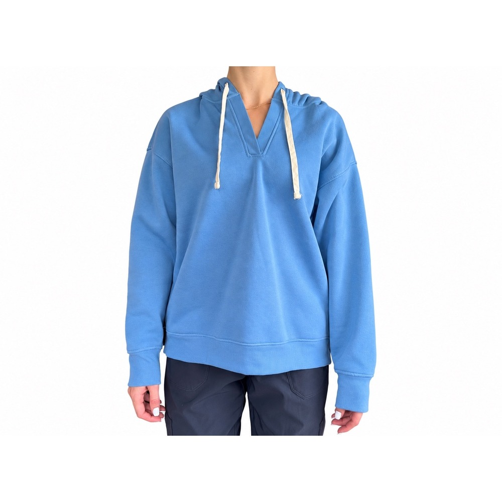 Soft Blue V-Neck Hoodie Sweatshirt with White Drawstrings